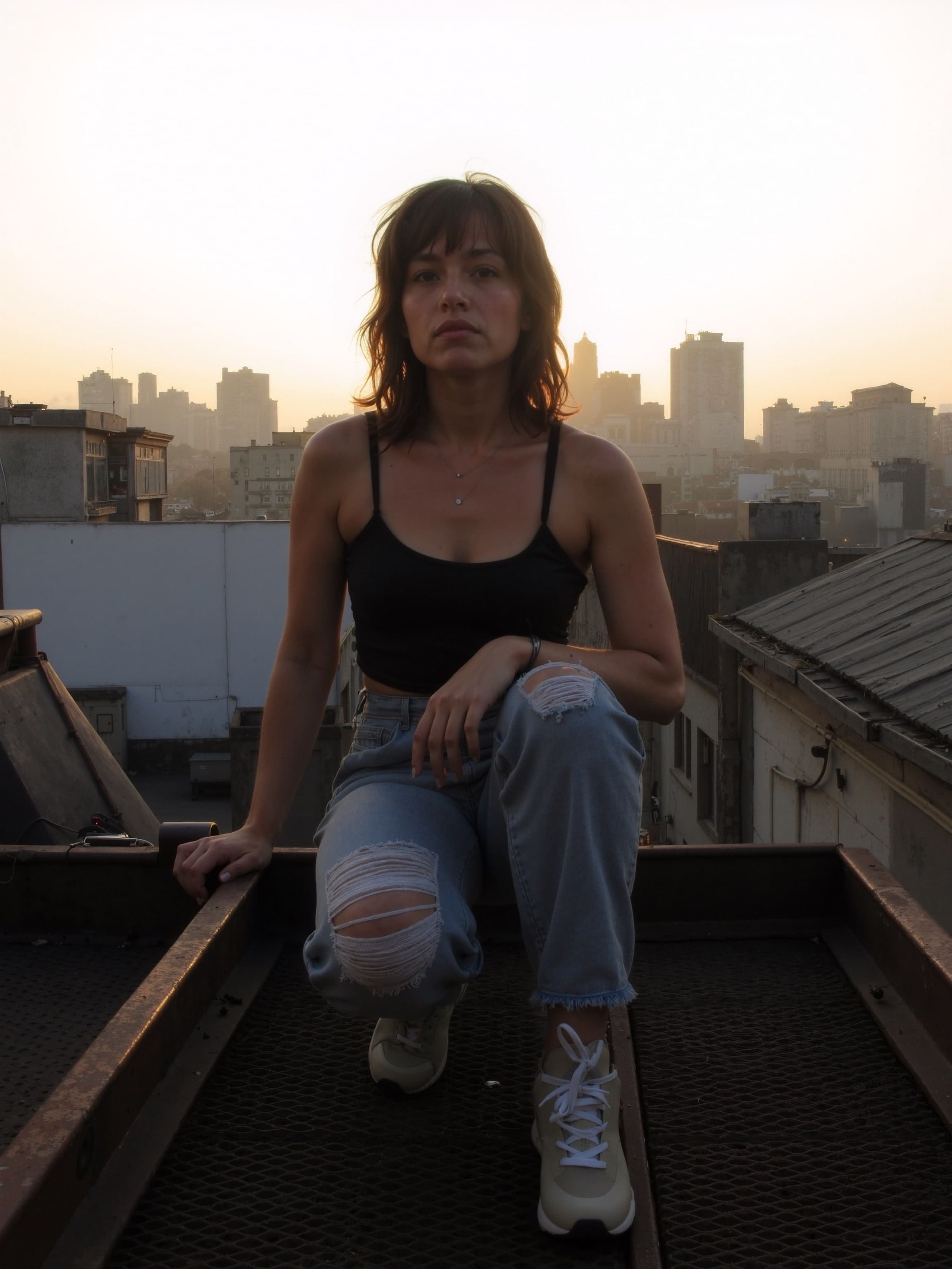 A woman perched on a rusted fire escape, captured from voyeuristic perspective with golden hour light and dramatic shadows.