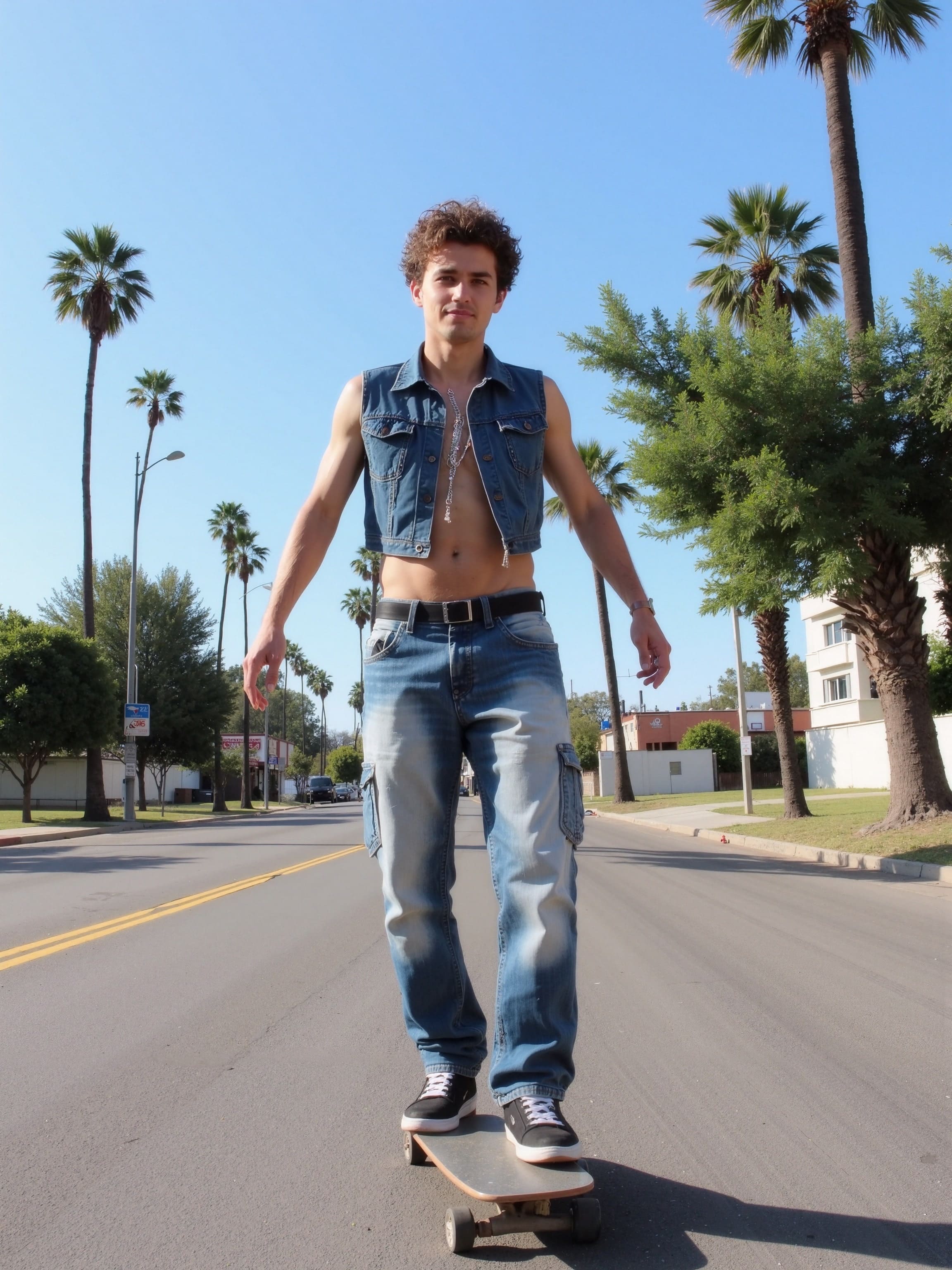 A sun-drenched young man skateboarding down a suburban street, captured in dynamic low-angle iPhone photo with motion blur.