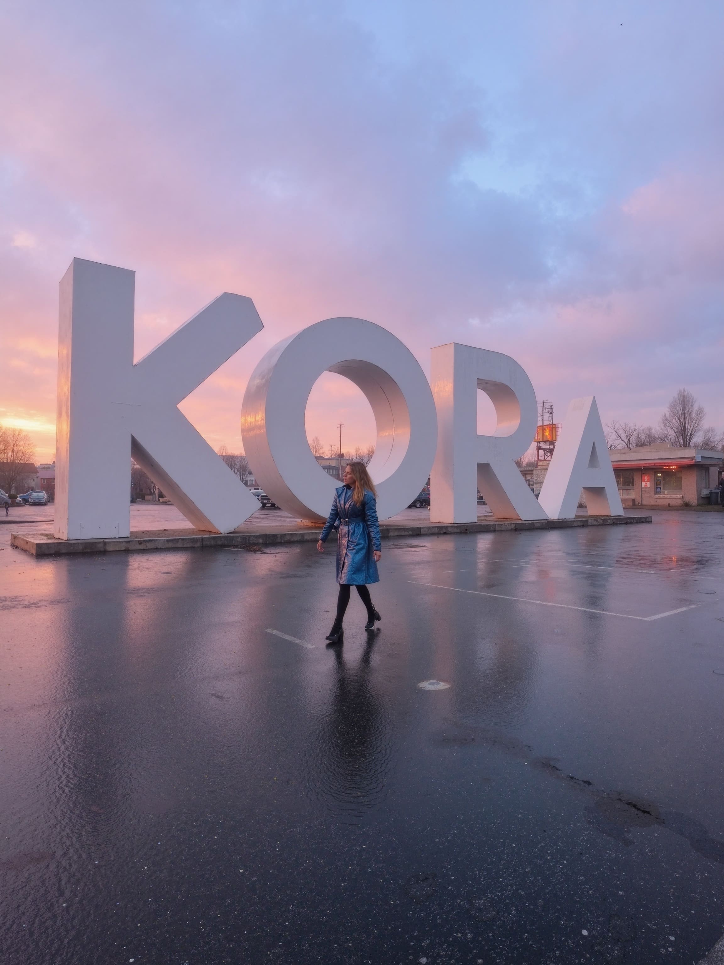 A cracked ancient Roman aqueduct with a bright purple Vespa motorbike parked on its highest arch.