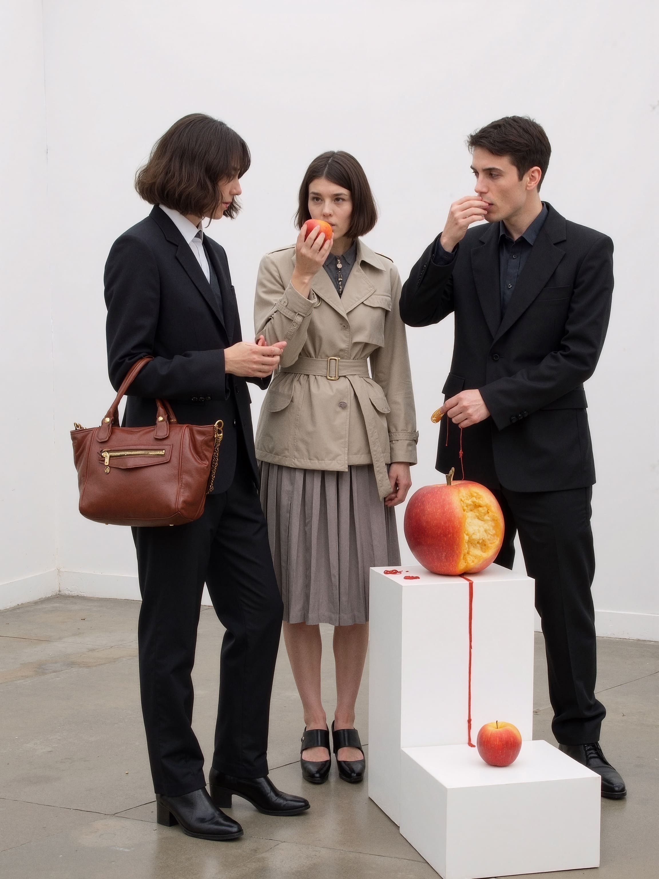 Surreal campaign where models interact with fruit like contraband, dressed in businesswear with sheer veils and trench coats.