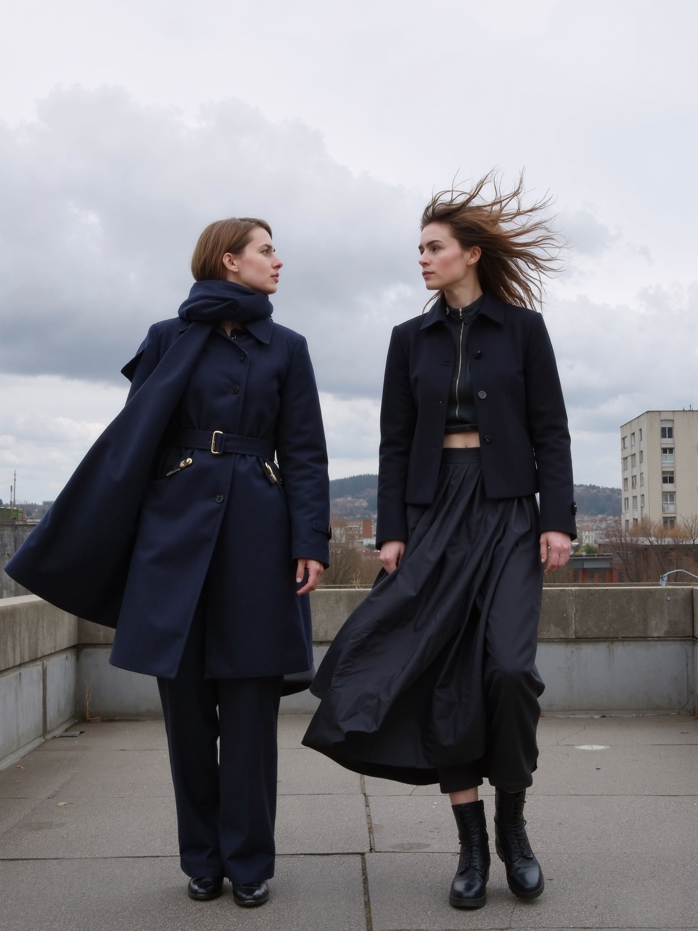 Two figures on opposite sides of a windy rooftop, wearing long coats pulled back by gusts, with hair whipping across their faces.
