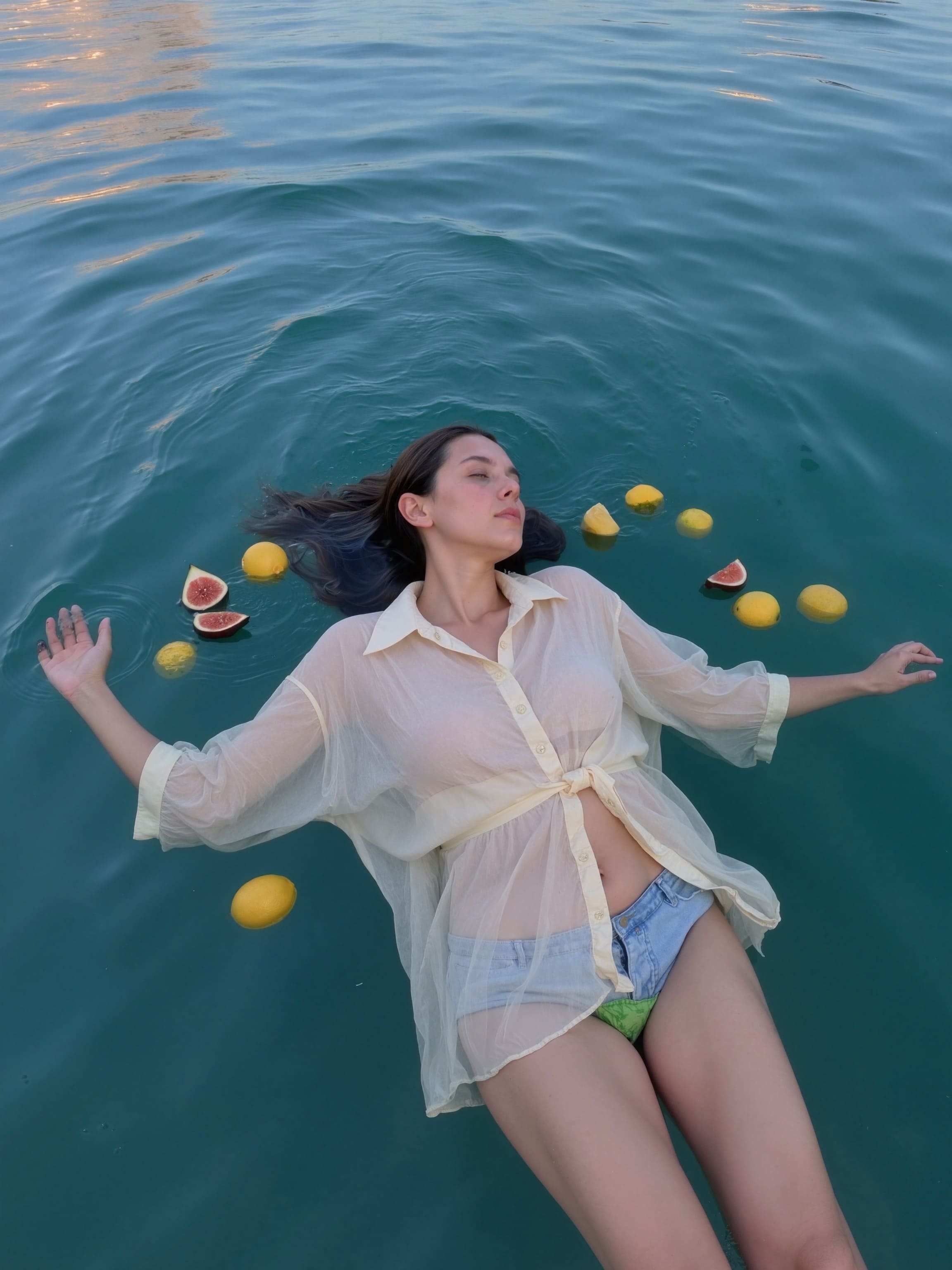 A person half-submerged in a shallow lake at dawn, wearing a sheer cream blouse, with floating fruit slices around them.