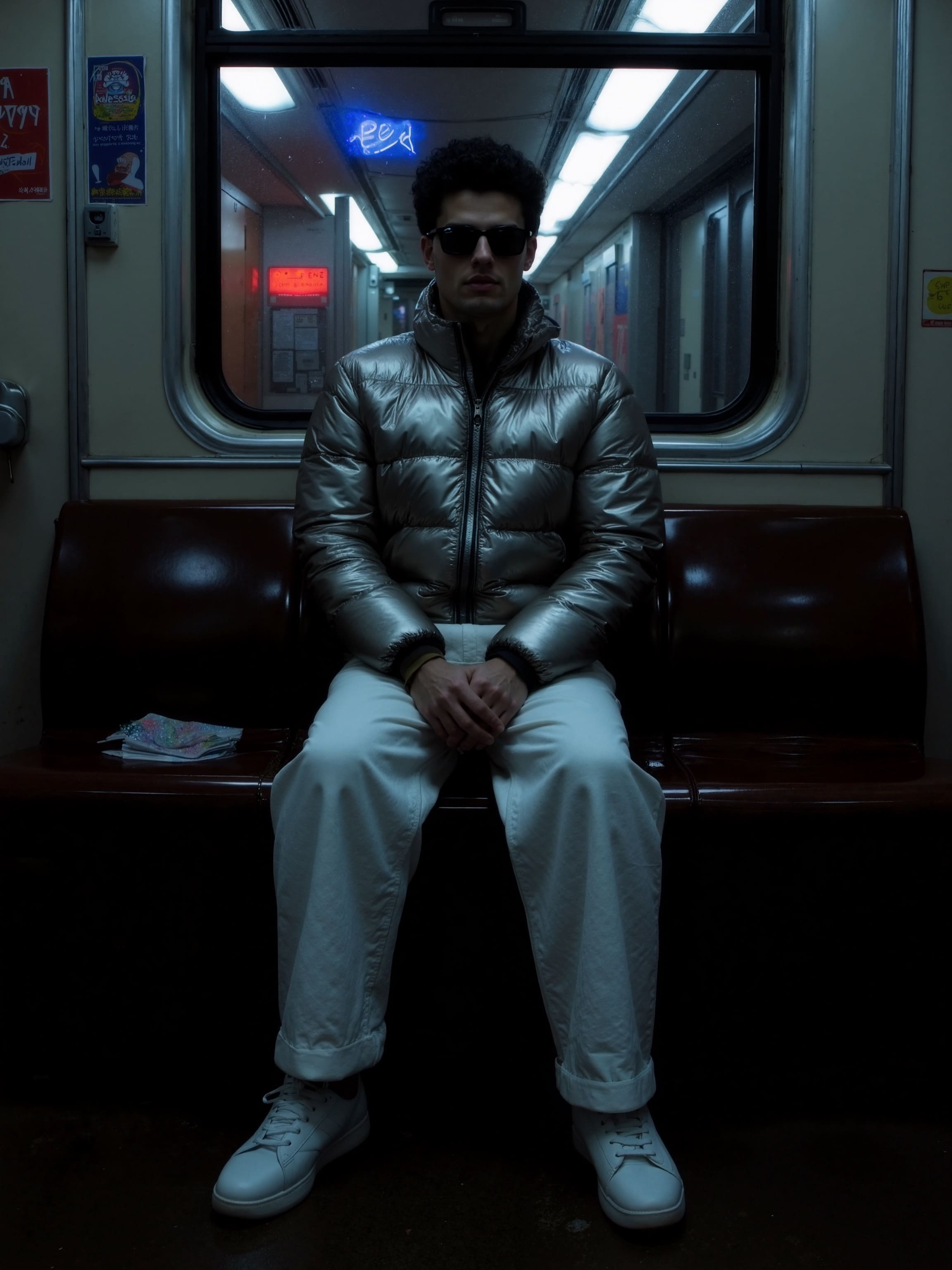 A person in a shiny silver puffer jacket and white wide-leg pants seated in a dimly lit subway car with smeared neon ads.