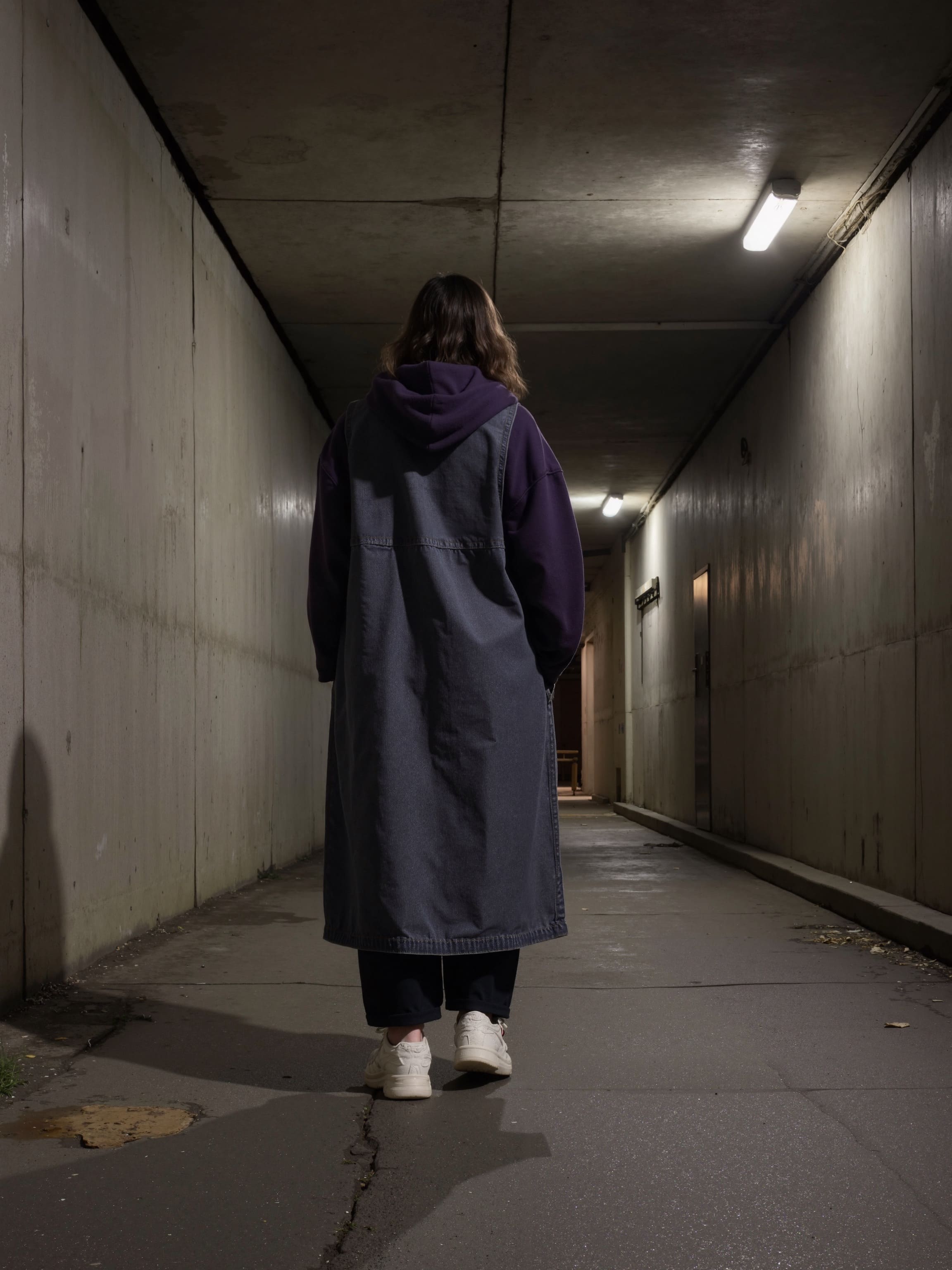 A figure walking away through a concrete corridor at dusk, wearing a floor-length trench in washed grey denim.