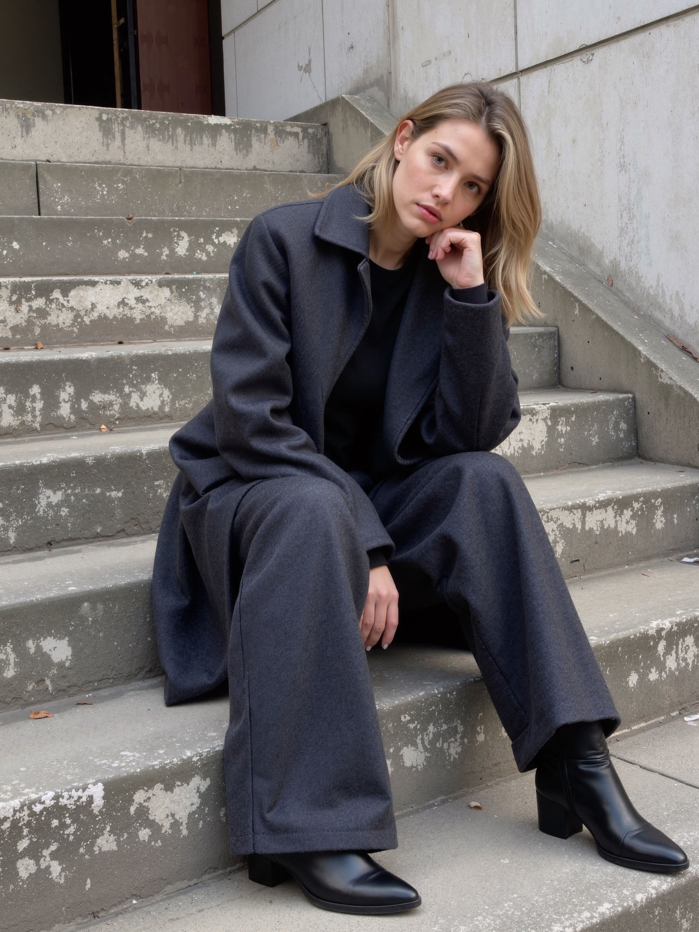A person seated on weathered concrete stairs, wearing an oversized slate grey wool coat over wide-leg trousers.