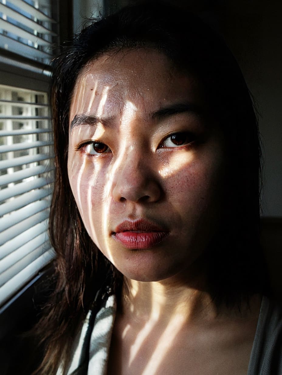 A young woman's face fragmented by intense sunlight through closed blinds, creating dramatic chiaroscuro patterns.