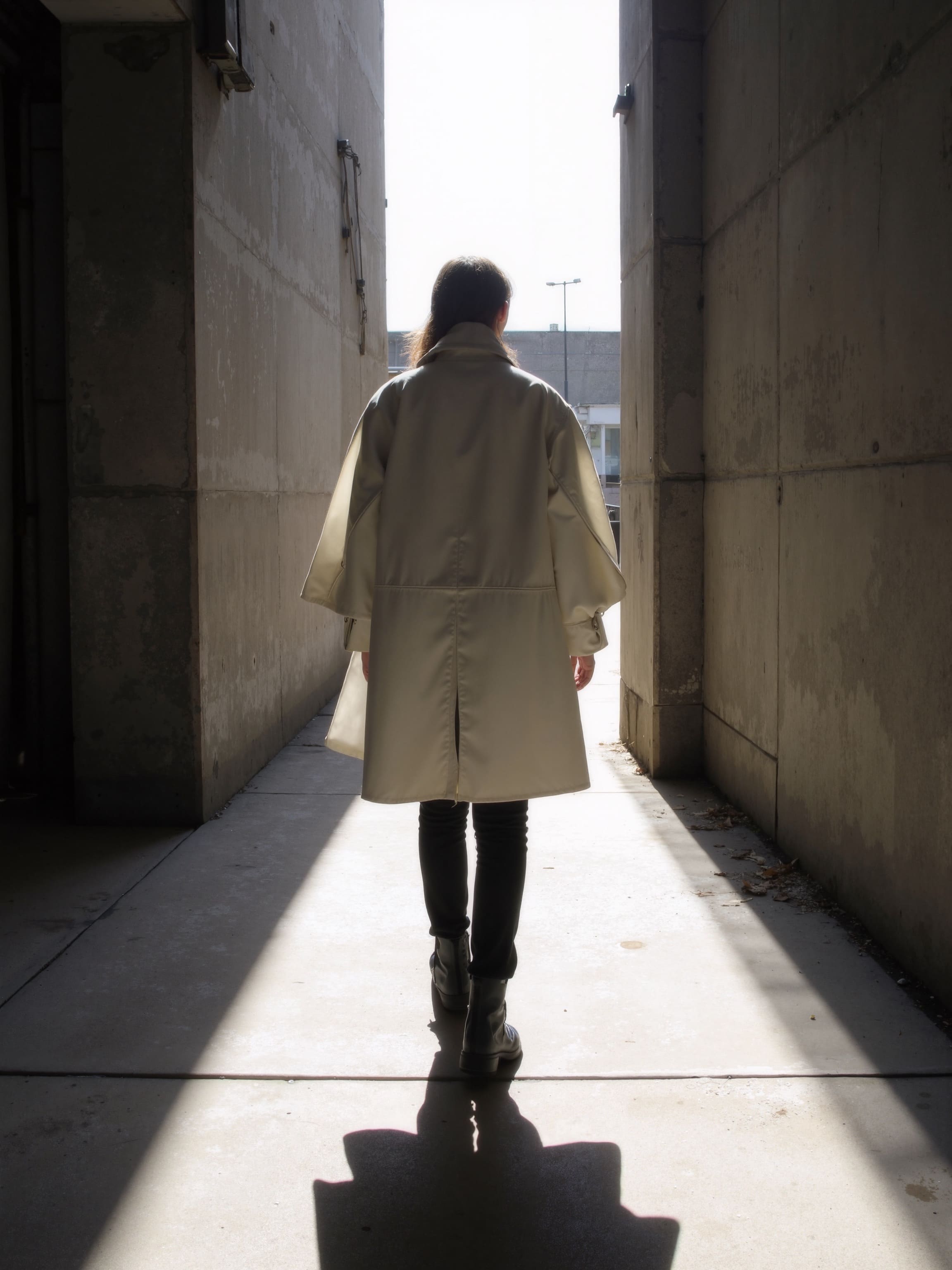 A person walking into a corridor of harsh sunlight, wearing a sculptural full-length coat in crisp off-white technical fabric.
