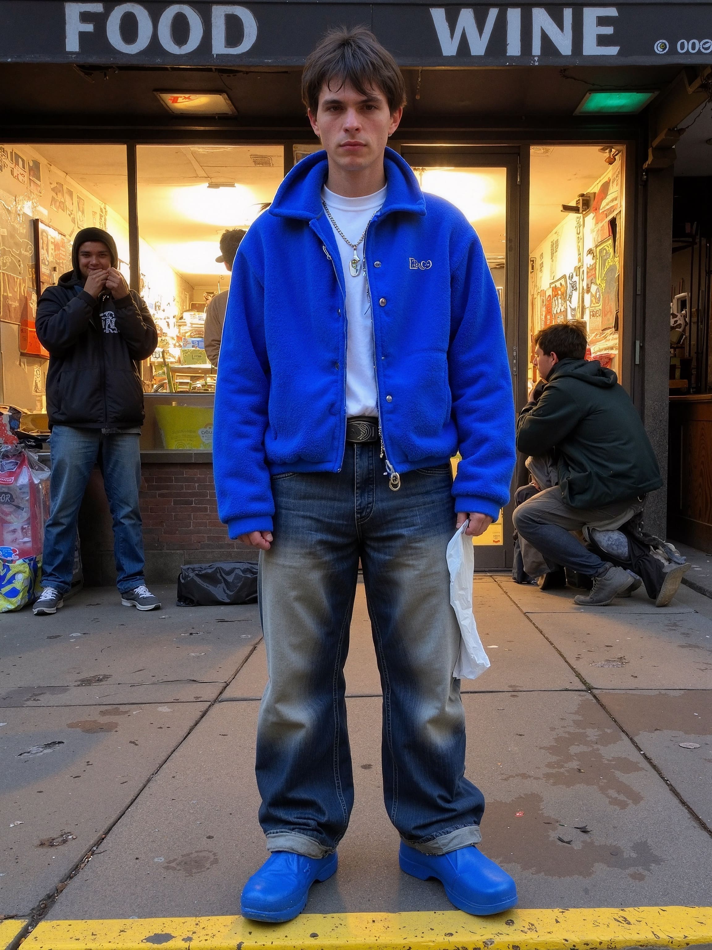 A young man in a royal blue fleece jacket and ultra-wide denim pants standing outside a cluttered corner shop.
