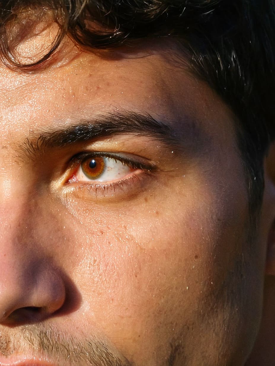 Closeup detail of a man's tearful eyes with sand stuck to moist skin, in desert heat with overexposure near horizon.