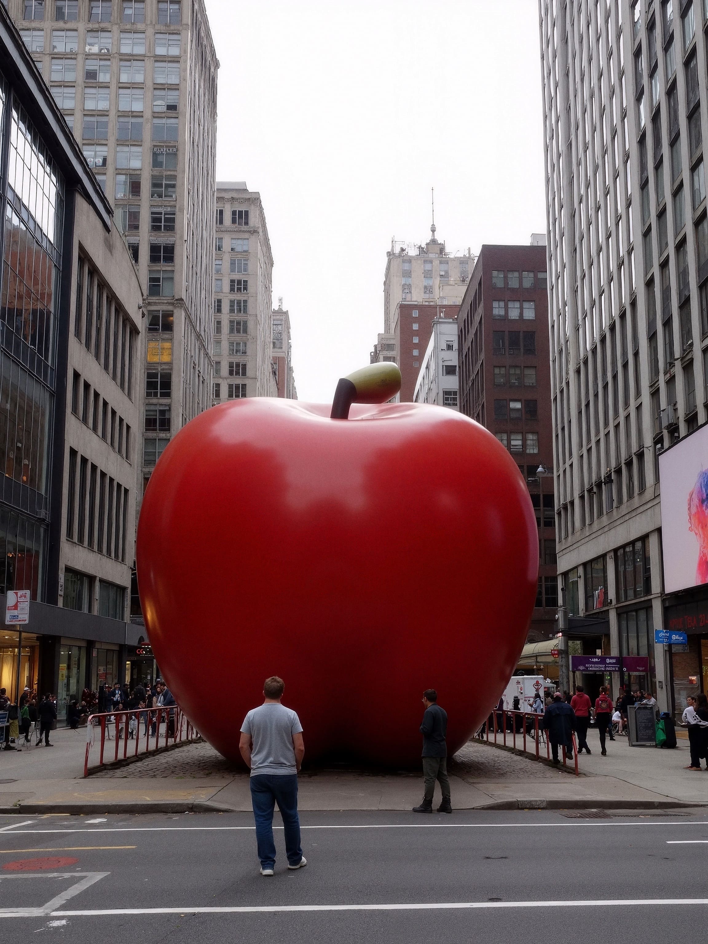An iPhone photo of a giant apple in the middle of NYC.